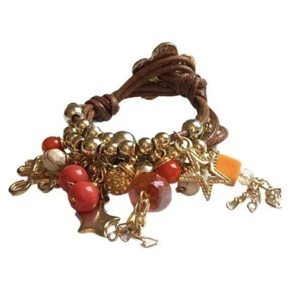 Handmade Charm Bracelet 8in Beaded Cord Gold Tone Orange Toggle Closure